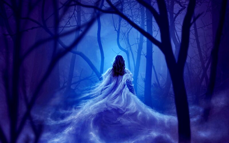 Woman in White Dress — Blue, Mysterious, Night, Digital Art, Forest, Trees, Mist