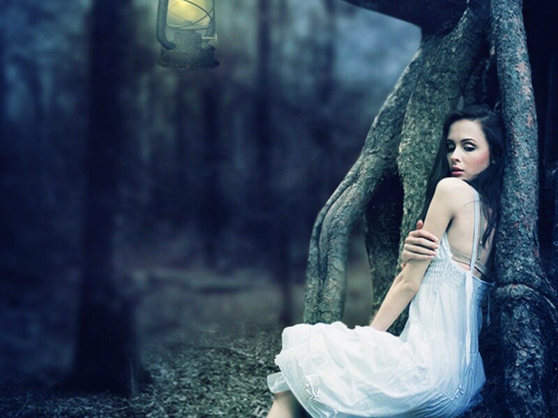Woman in White Dress — Blue, Mysterious, Night, Photograph, Tree