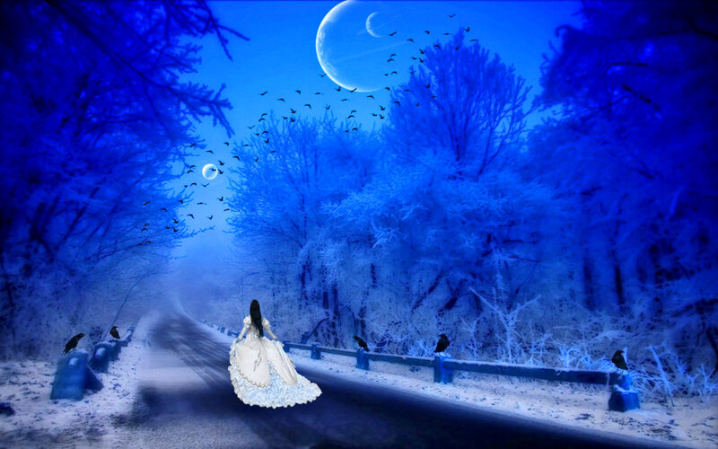 Woman in White Dress — Blue, Mystical, Night, Digital Art, Crows