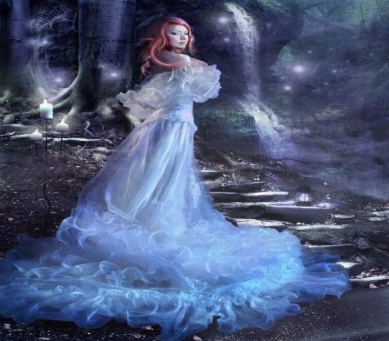 Woman in White Dress — Blue, Mystical, Night, Digital Art, Forest, Candles