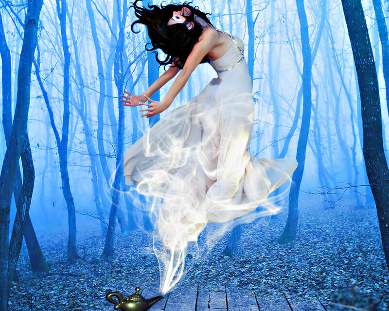 Woman in White Dress — Blue, Mystical, Night, Digital Art, Forest, Genie Lamp