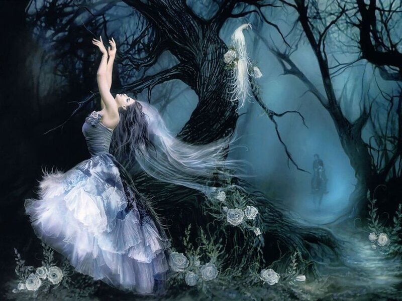 Woman in White Dress — Blue, Mystical, Night, Digital Art, Tree