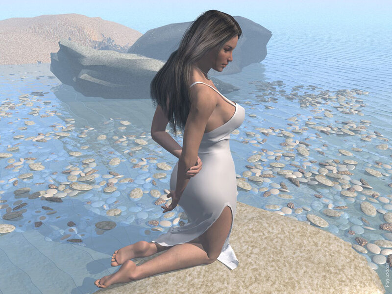 Woman in White Dress — Blue, Serene, Afternoon, 3d Render