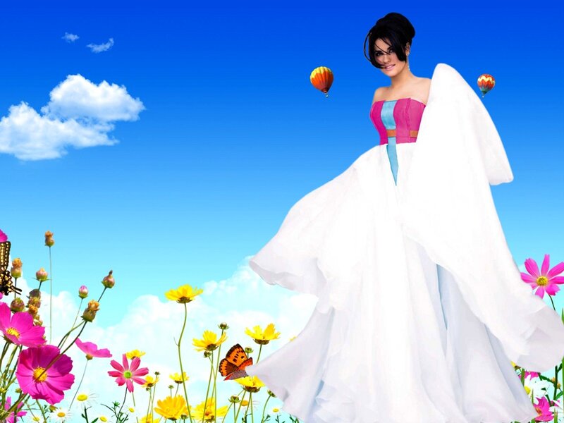 Woman in White Dress — Blue, Serene, Afternoon, Digital Art, Flowers