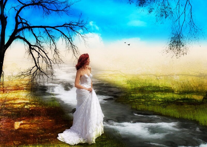 Woman in White Dress — Blue, Serene, Afternoon, Digital Art, River, Tree