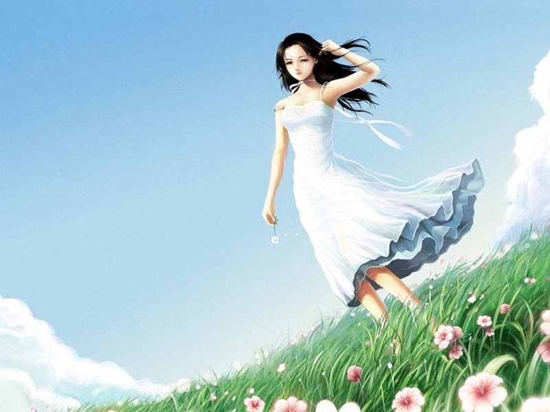 Woman in White Dress — Blue, Serene, Afternoon, Digital Art