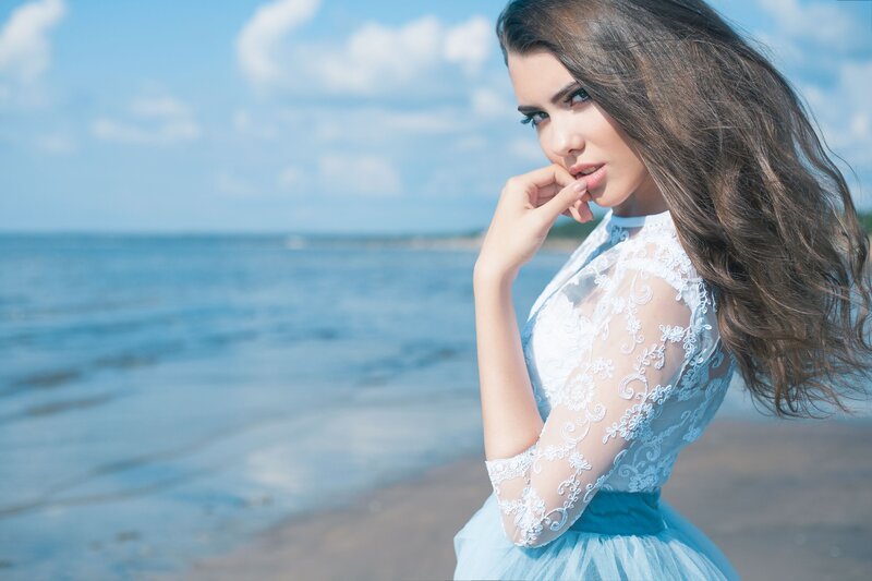 Woman in White Dress — Blue, Serene, Afternoon, Photograph, Beach, Ocean, Sky