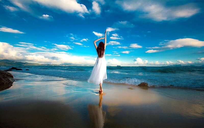 Woman in White Dress — Blue, Serene, Afternoon, Photograph, Beach