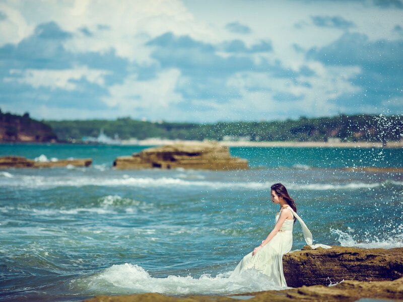Woman in White Dress — Blue, Serene, Afternoon, Photograph, Ocean, Rocks