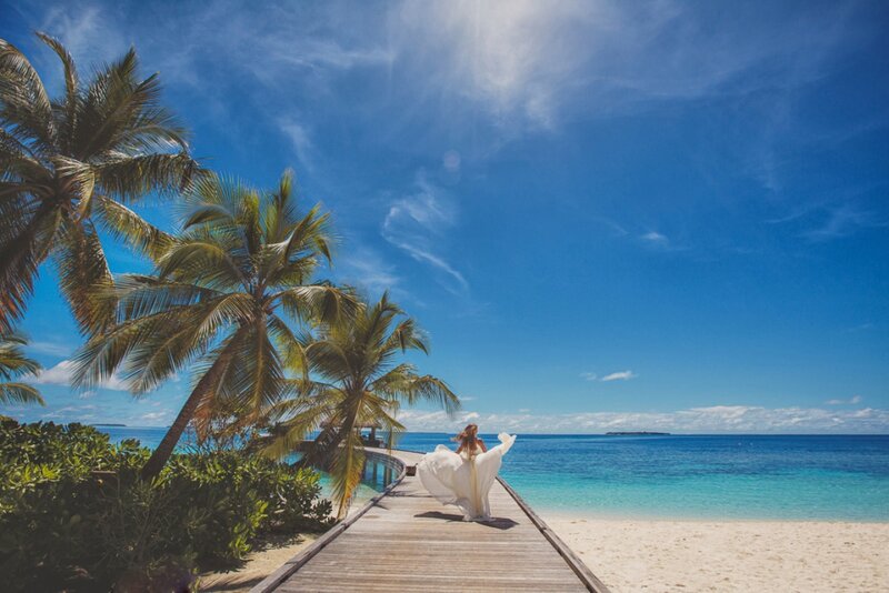 Woman in White Dress — Blue, Serene, Afternoon, Photograph, Palm Trees