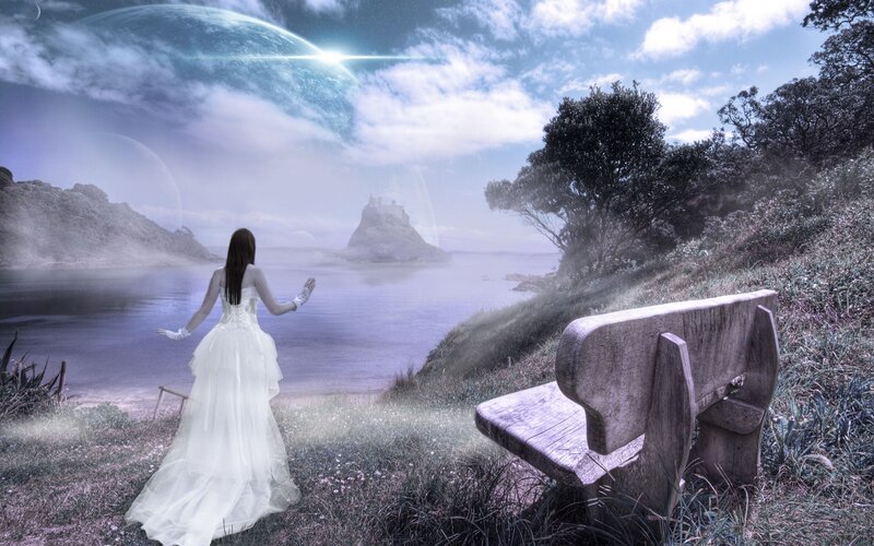 Woman in White Dress — Blue, Serene, Digital Art, Bench