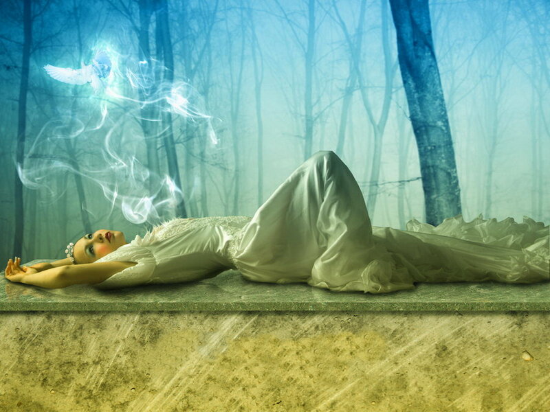 Woman in White Dress — Blue, Serene, Digital Art, Bird