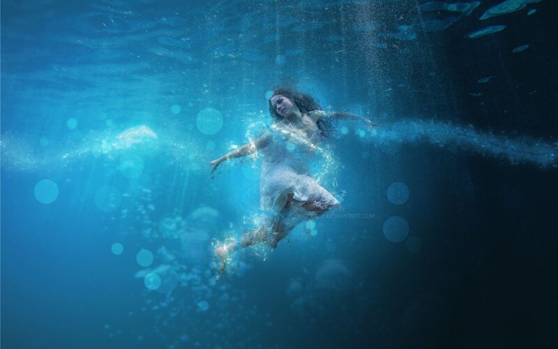 Woman in White Dress — Blue, Serene, Digital Art, Bubbles, Underwater