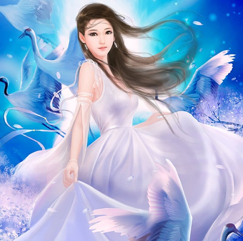 Woman in White Dress — Blue, Serene, Digital Art, Cranes