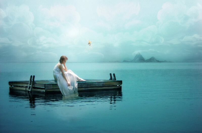 Woman in White Dress — Blue, Serene, Digital Art, Dock