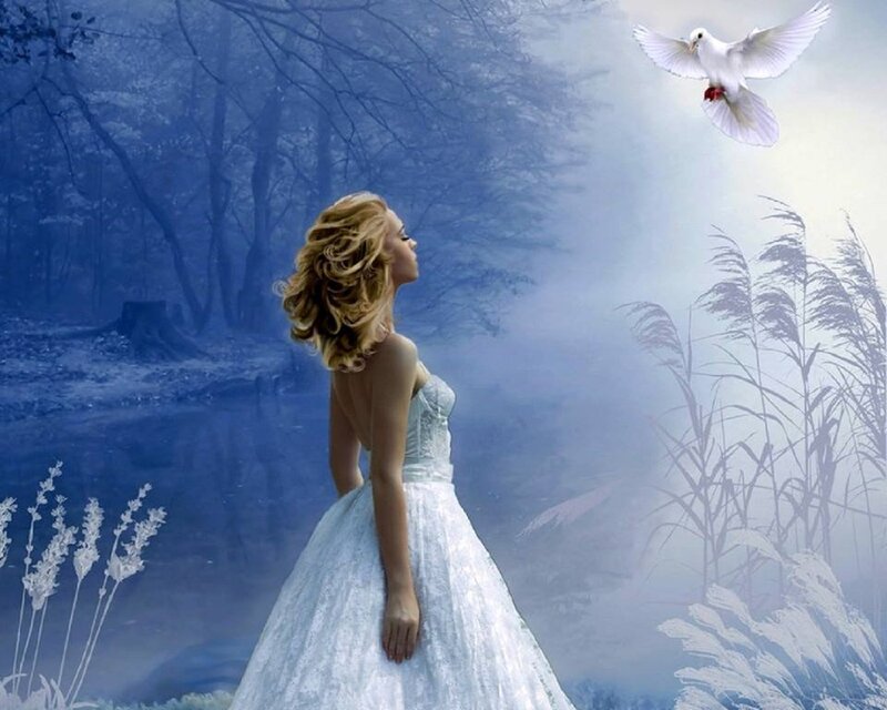 Woman in White Dress — Blue, Serene, Digital Art, Dove
