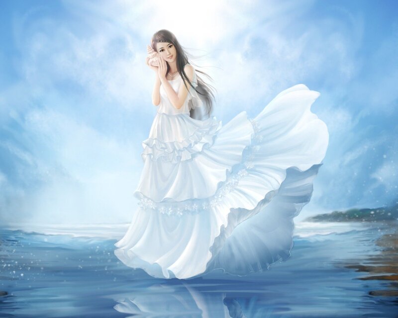 Woman in White Dress — Blue, Serene, Digital Art, Shell