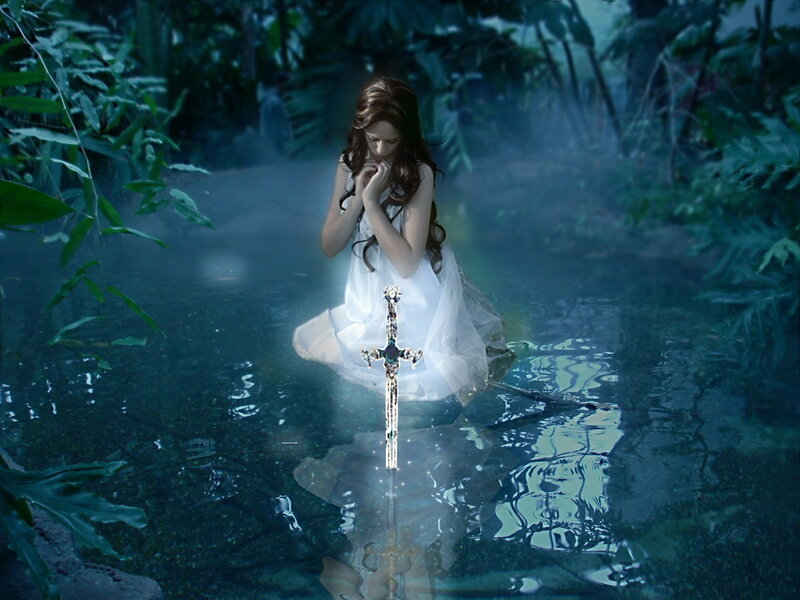 Woman in White Dress — Blue, Serene, Digital Art, Sword