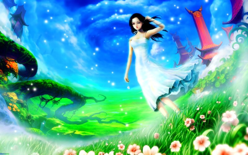 Woman in White Dress — Blue, Serene, Digital Art