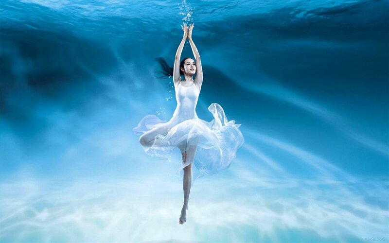 Woman in White Dress — Blue, Serene, Digital Art, Underwater