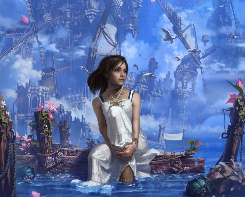Woman in White Dress — Blue, Serene, Digital Art, Windmills