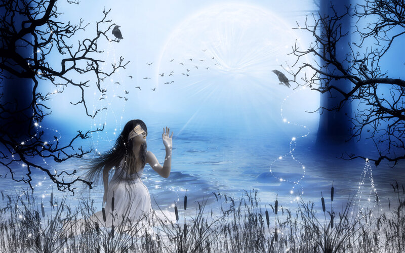 Woman in White Dress — Blue, Serene, Night, Digital Art, Crows