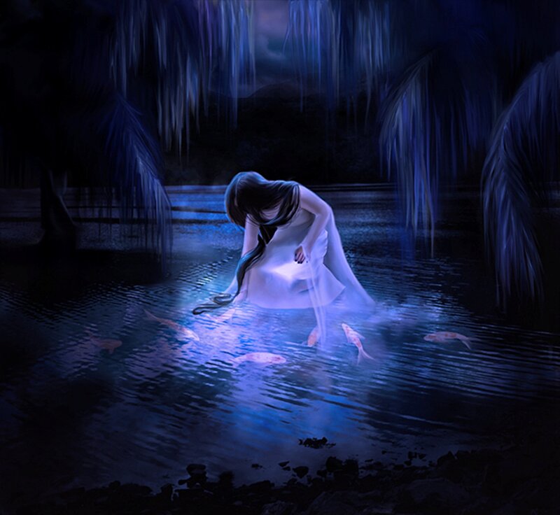 Woman in White Dress — Blue, Serene, Night, Digital Art, Fish