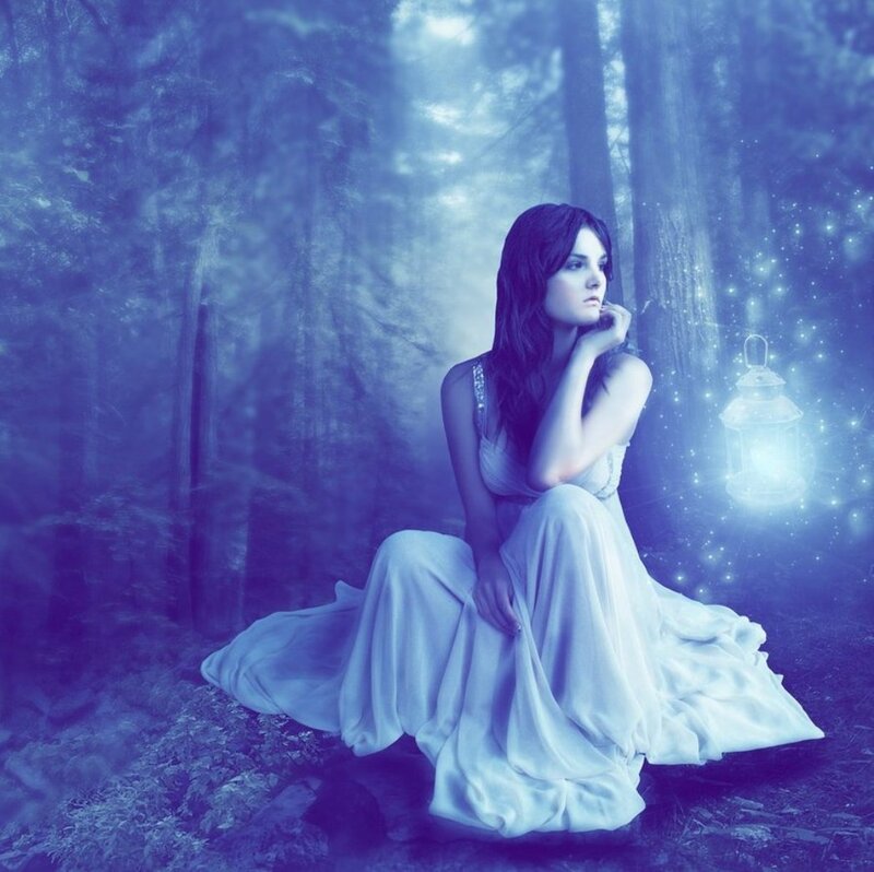 Woman in White Dress — Blue, Serene, Night, Digital Art, Forest, Lantern