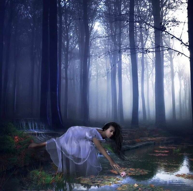Woman in White Dress — Blue, Serene, Night, Digital Art, Forest