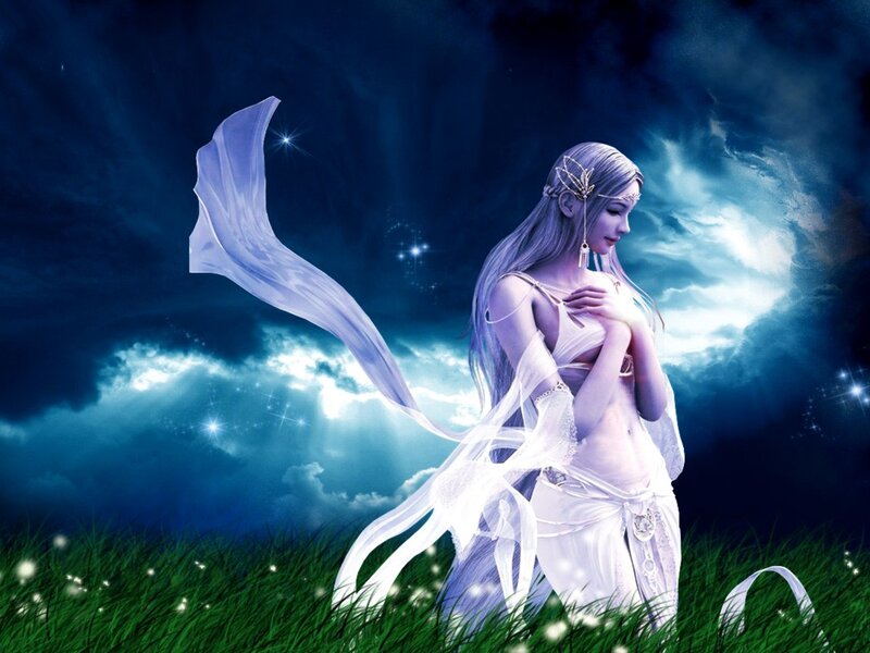 Woman in White Dress — Blue, Serene, Night, Digital Art, Grass