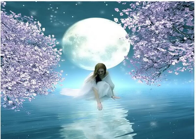 Woman in White Dress — Blue, Serene, Night, Digital Art, Moon, Cherry Blossoms