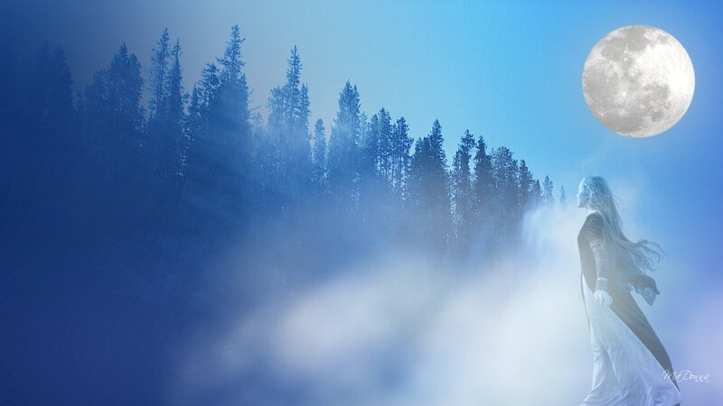 Woman in White Dress — Blue, Serene, Night, Digital Art, Moon, Forest