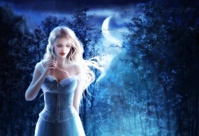 Woman in White Dress — Blue, Serene, Night, Digital Art, Moon, Forest, Trees