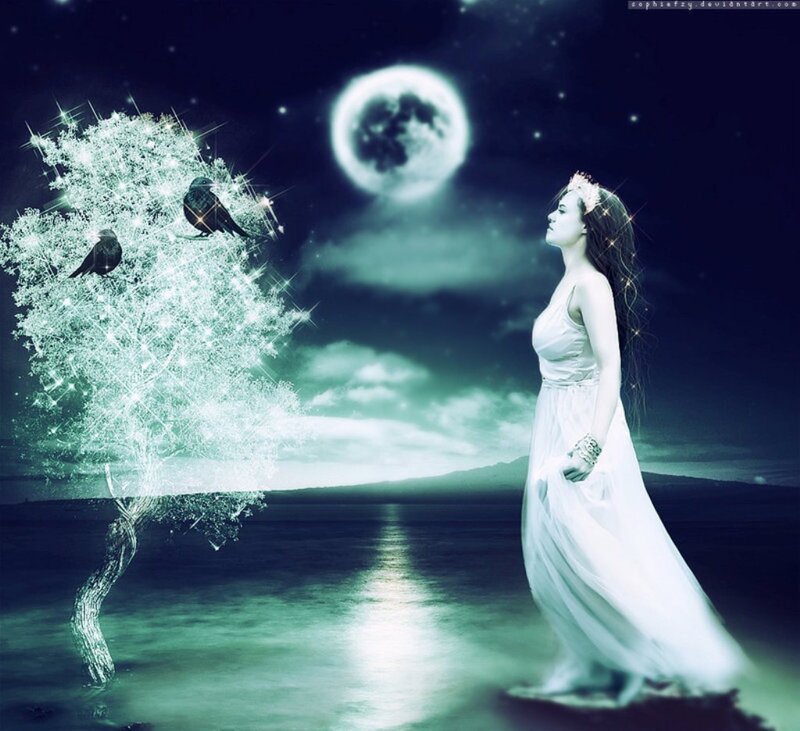 Woman in White Dress — Blue, Serene, Night, Digital Art, Moon, Tree