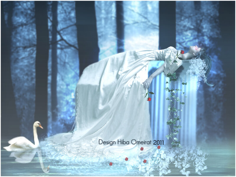 Woman in White Dress — Blue, Serene, Night, Digital Art, Swan, Rose