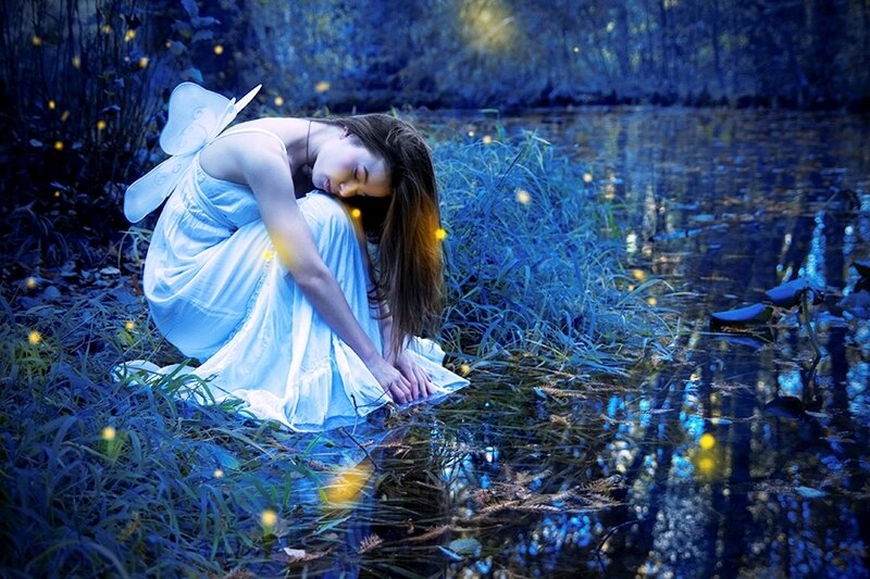 Woman in White Dress — Blue, Serene, Night, Digital Art