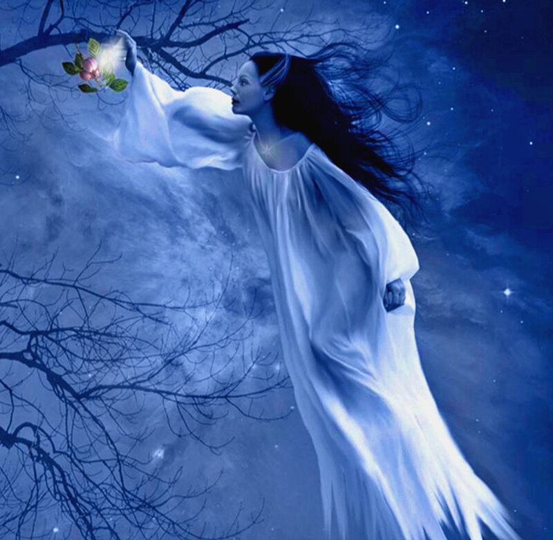 Woman in White Dress — Blue, Serene, Night, Digital Art, Tree Branches
