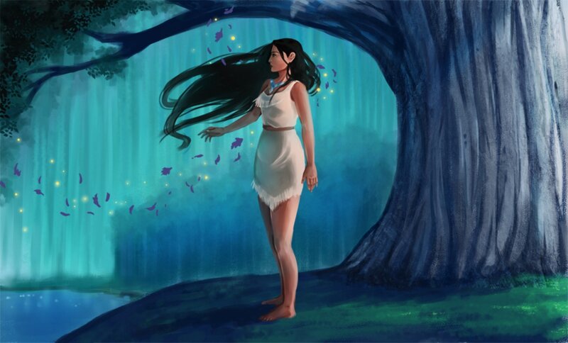Woman in White Dress — Blue, Serene, Night, Digital Art, Tree, Forest, Sparkles