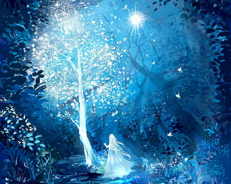 Woman in White Dress — Blue, Serene, Night, Digital Art, Tree, Forest