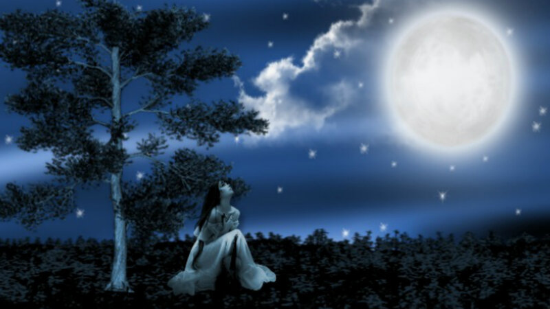 Woman in White Dress — Blue, Serene, Night, Digital Art, Tree