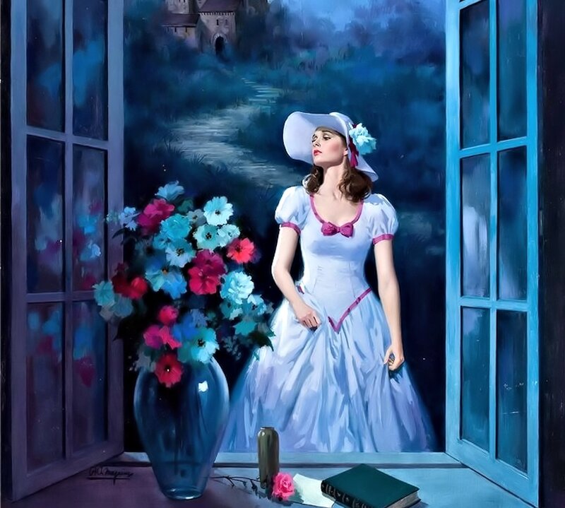 Woman in White Dress — Blue, Serene, Night, Painting, Flowers