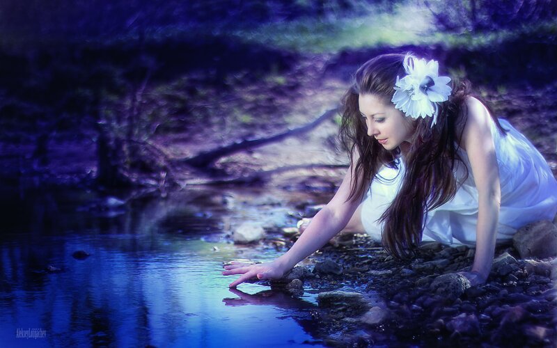 Woman in White Dress — Blue, Serene, Night, Photograph, Flower