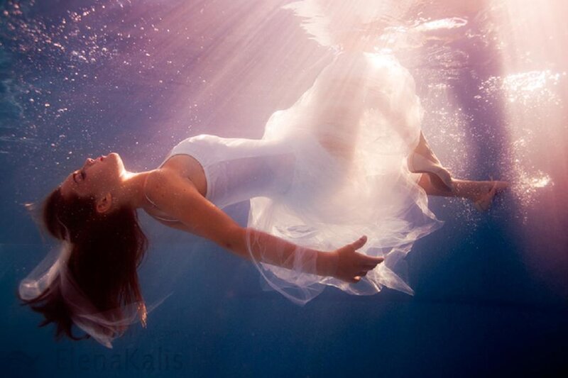 Woman in White Dress — Blue, Serene, Photograph, Bubbles