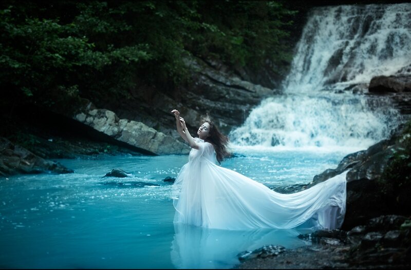 Woman in White Dress — Blue, Serene, Photograph, Waterfall