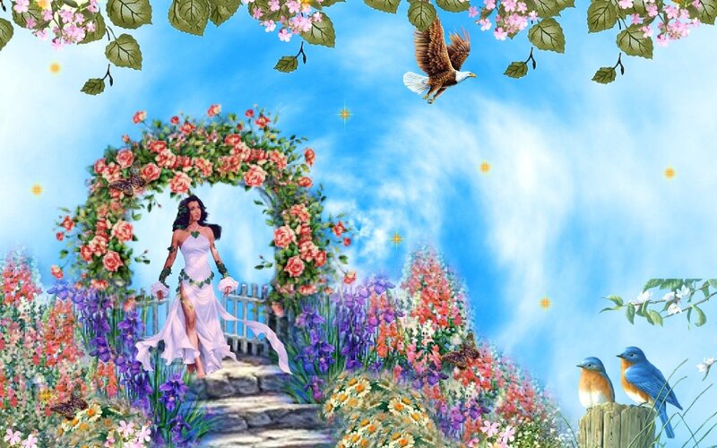Woman in White Dress — Blue, Serene, Spring, Digital Art