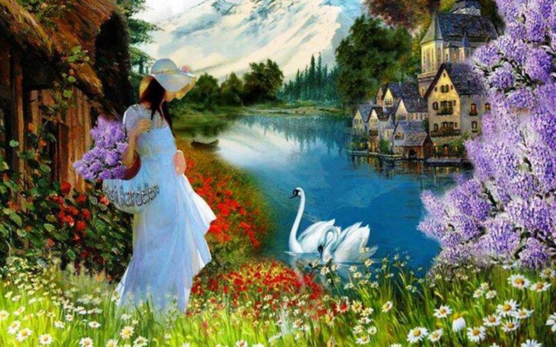 Woman in White Dress — Blue, Serene, Spring, Painting