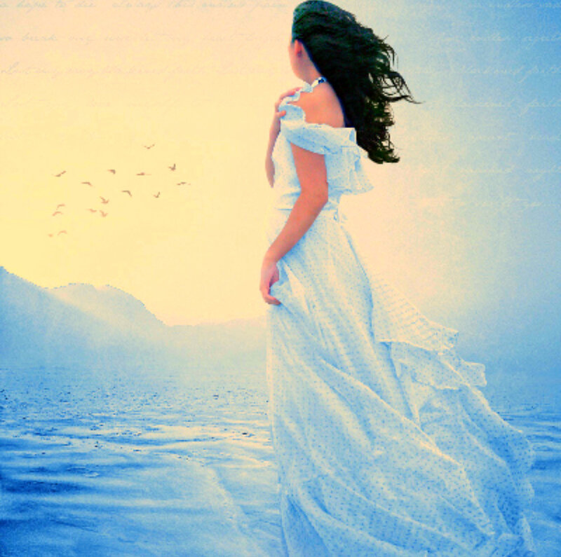 Woman in White Dress — Blue, Serene, Sunset, Digital Art, Birds