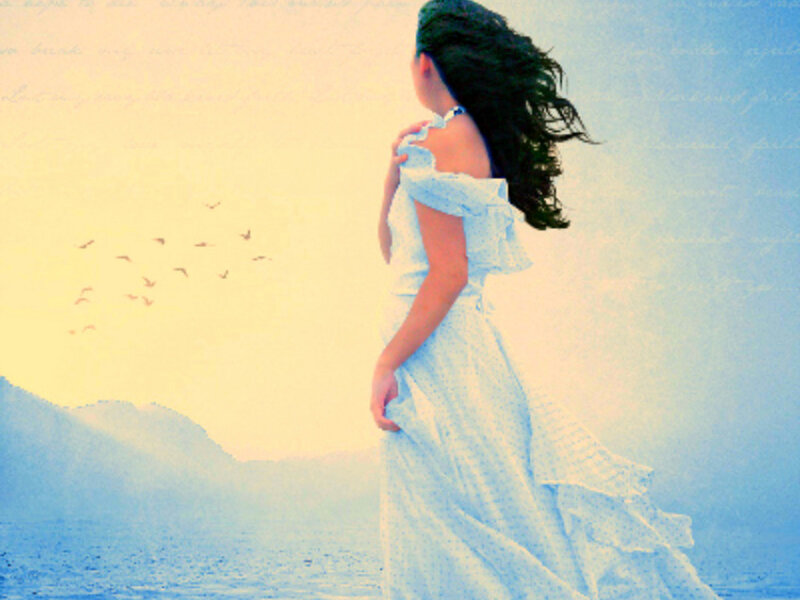Woman in White Dress — Blue, Serene, Sunset, Digital Art