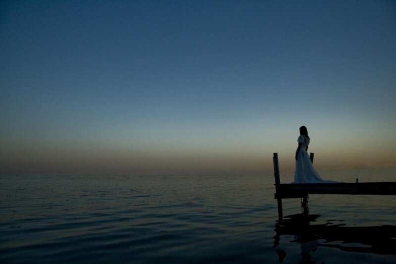 Woman in White Dress — Blue, Serene, Sunset, Photograph, Dock