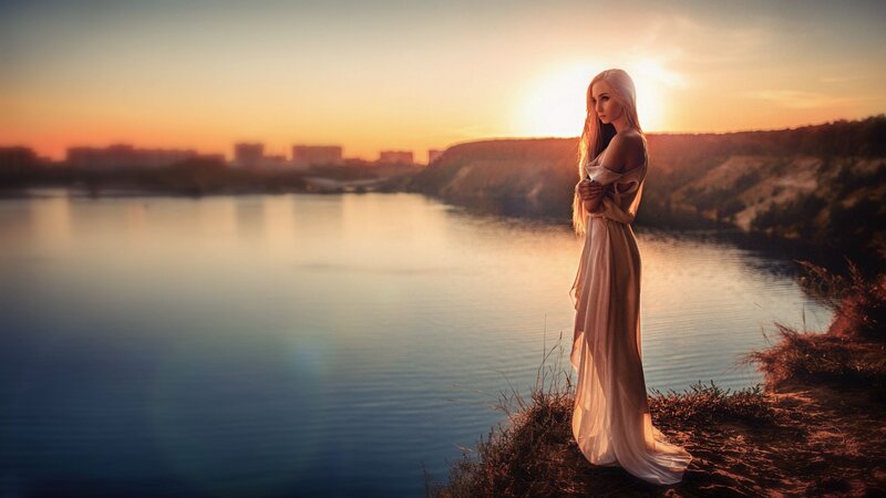 Woman in White Dress — Blue, Serene, Sunset, Photograph, Lake, City